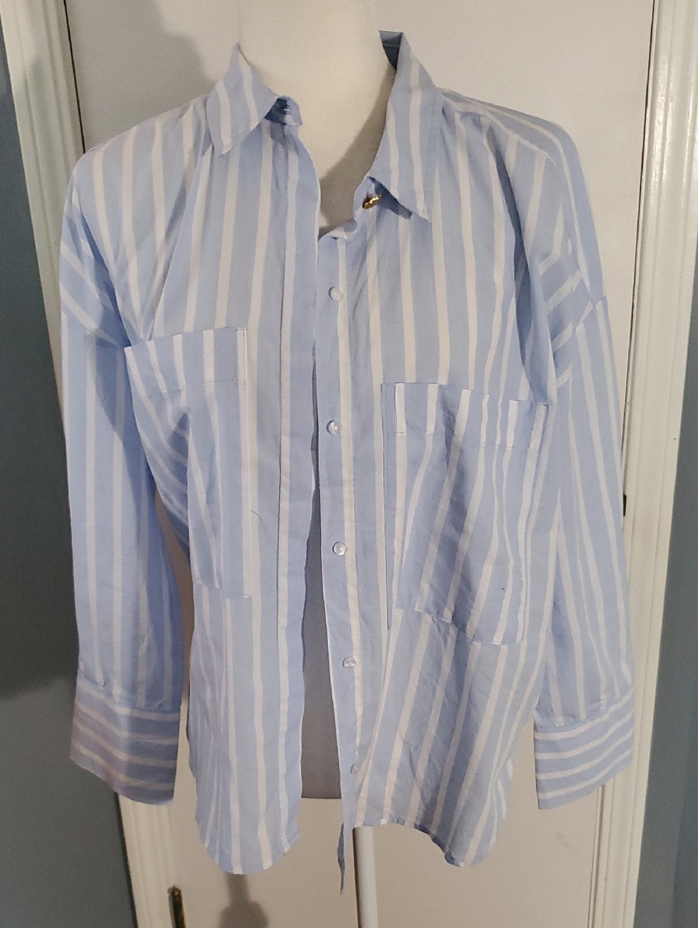 Light Blue and White Striped Button-Up Shirt